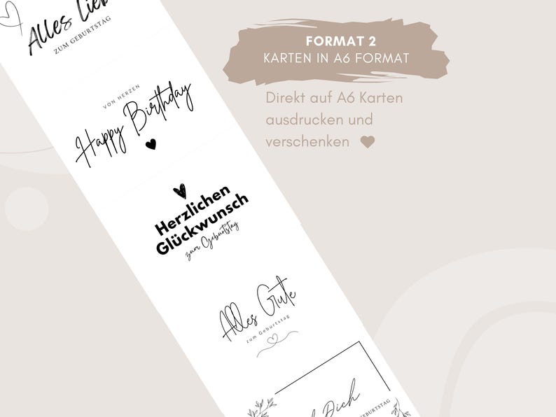 May include: Four printable birthday card designs in black and white with a heart symbol. The text on the cards reads "Alles Liebe zum Geburtstag", "Happy Birthday", "Herzlichen Gl&uuml;ckwunsch zum Geburtstag", and "Alles Gute zum Geburtstag". The cards are formatted for printing on A6 size paper.