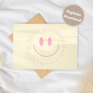 Geburtstagskarte zum drucken Smiley rosa gelb A6 - moderne Karte - bunte druckbare Smiley Karte zum Geburtstag - digitaler Download pdf