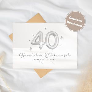 40 個の銀の風船をモチーフにしたバースデー カード - 40 歳の誕生日用の印刷可能なカード、印刷用折りたたみカード - DIN A6 - デジタル ダウンロード