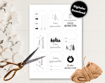 Geschenk Anhänger Weihnachten zum Ausdrucken | 9 Schwarz-Weiß-Designs in verschiedenen Größen auf DIN A4 | Sofort-Download für DIY-Geschenke