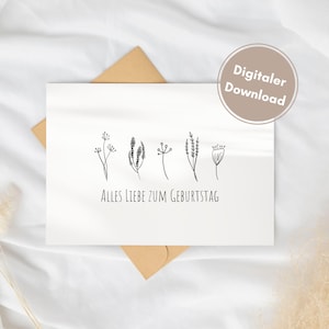 May include: A white card with a simple black line drawing of five different flowers and the text "Alles Liebe zum Geburtstag" which translates to "Happy Birthday".