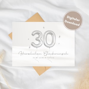 Verjaardagskaart met 30 zilveren ballonnenmotief - printbare kaart voor de 30e verjaardag, vouwkaart om af te drukken - DIN A6 - digitale download
