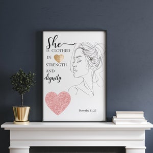 Proverbs 31 Women Gift, Framed bible verse wall art, Bible Verse Art, Scripture Wall Art, She is clothed in strength, Modern Christian Art