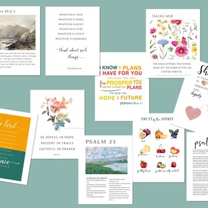 May include: A collection of printable Bible verses with watercolour illustrations. The verses include Isaiah 45:2-3, Philippians 4:8, Isaiah 40:8, Jeremiah 29:11, Psalm 23, Romans 12:2, Psalm 91, and Galatians 5:22-23.