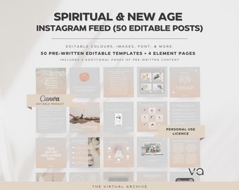 50 Spiritual & New Age Instagram Posts | Prewritten Content | Coaching | Social Media | Chakras | Affirmations | Tarot | Canva Templates
