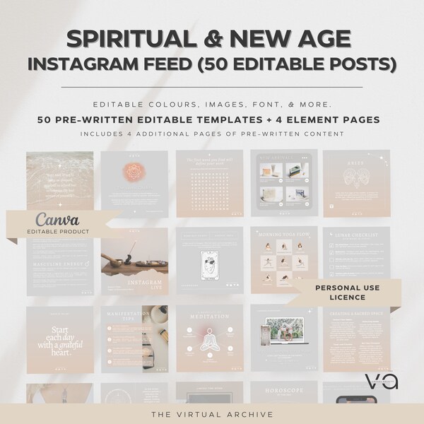 50 Spiritual & New Age Instagram Posts | Prewritten Content | Coaching | Social Media | Chakras | Affirmations | Tarot | Canva Templates