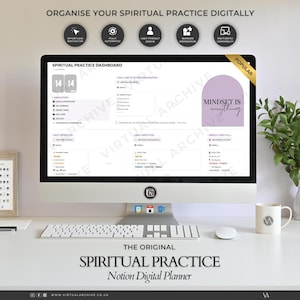 Planificador digital de práctica espiritual: Plantilla de Notion, rastreadores, cristales, yoga, hierbas, tarot y chakras.