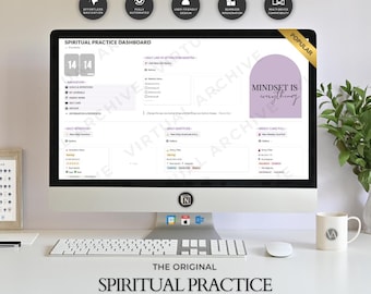 Planificador digital de práctica espiritual: Plantilla de Notion, rastreadores, cristales, yoga, hierbas, tarot y chakras.