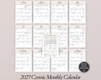 Calendario Cósmico Mensual 2027: Codificado por colores, ciclos lunares, astrología, jardinería, hojas para diario.