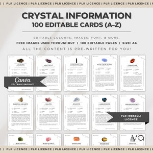 PLR: 100 Customisable Crystal Information Cards | Spirituality | Crystal Business | Templates | Metaphysical | New Age | Canva Editable