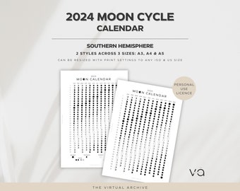 2024 Moon Calendar | Southern Hemisphere | Lunar Calendar | Aspects and Transits | Ingresses | Lunar Cycle | Retrogrades | Digital Download