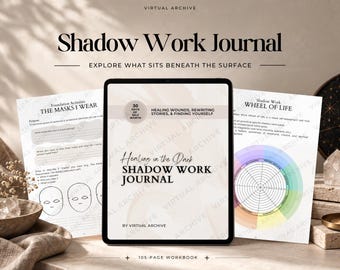 Könnte beinhalten: Ein digitales Tablet mit dem Cover eines Shadow Work Journals mit dem Text Healing in the Dark Shadow Work Journal by Virtual Archive, flankiert von zwei gedruckten Seiten mit Übungen und einem Wheel of Life Diagramm.
