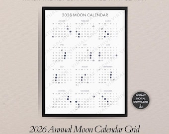 Cuadrícula del Calendario Lunar Anual 2026: Vista rápida, Seguimiento del ciclo lunar, Diario (Descarga digital)