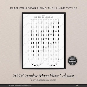 2026 Moon Phase Calendar Print: Lunar Cycle Tracker, Planner, DIY Scrapbooking (Digital Download)