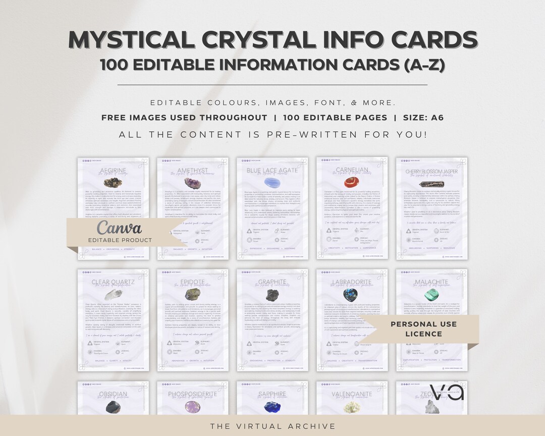 Crystal Message Cards 100 Mystical Crystal Information Cards: Canva Editable Spiritual ...