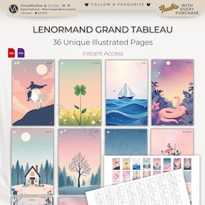 Juego de gran tablero de Lenormand / 36 cartas con ilustraciones únicas / Baraja de oráculo / Tirada de lectura / Guía / Diseño de 9 x 4 y 8 x 4+4 / Temática pastel
