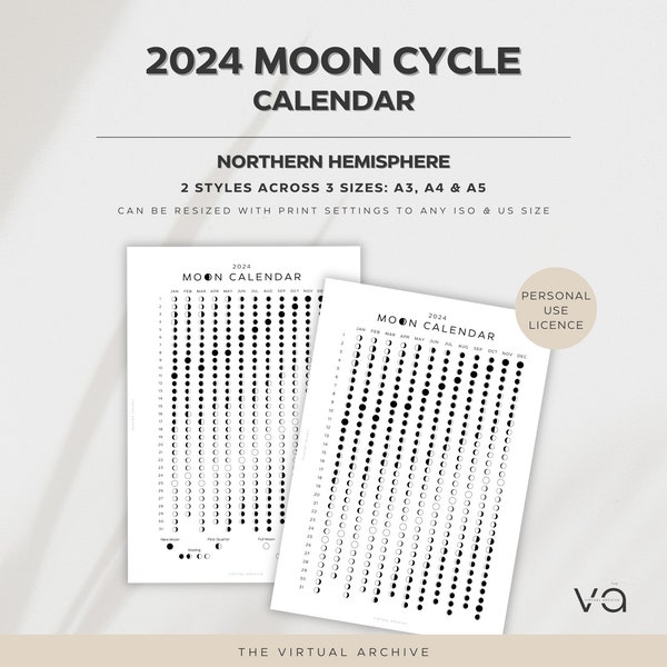 2024 Moon Calendar | Northern Hemisphere | Lunar Calendar | Aspects and Transits | Ingresses | Lunar Cycle | Retrogrades | Digital Download
