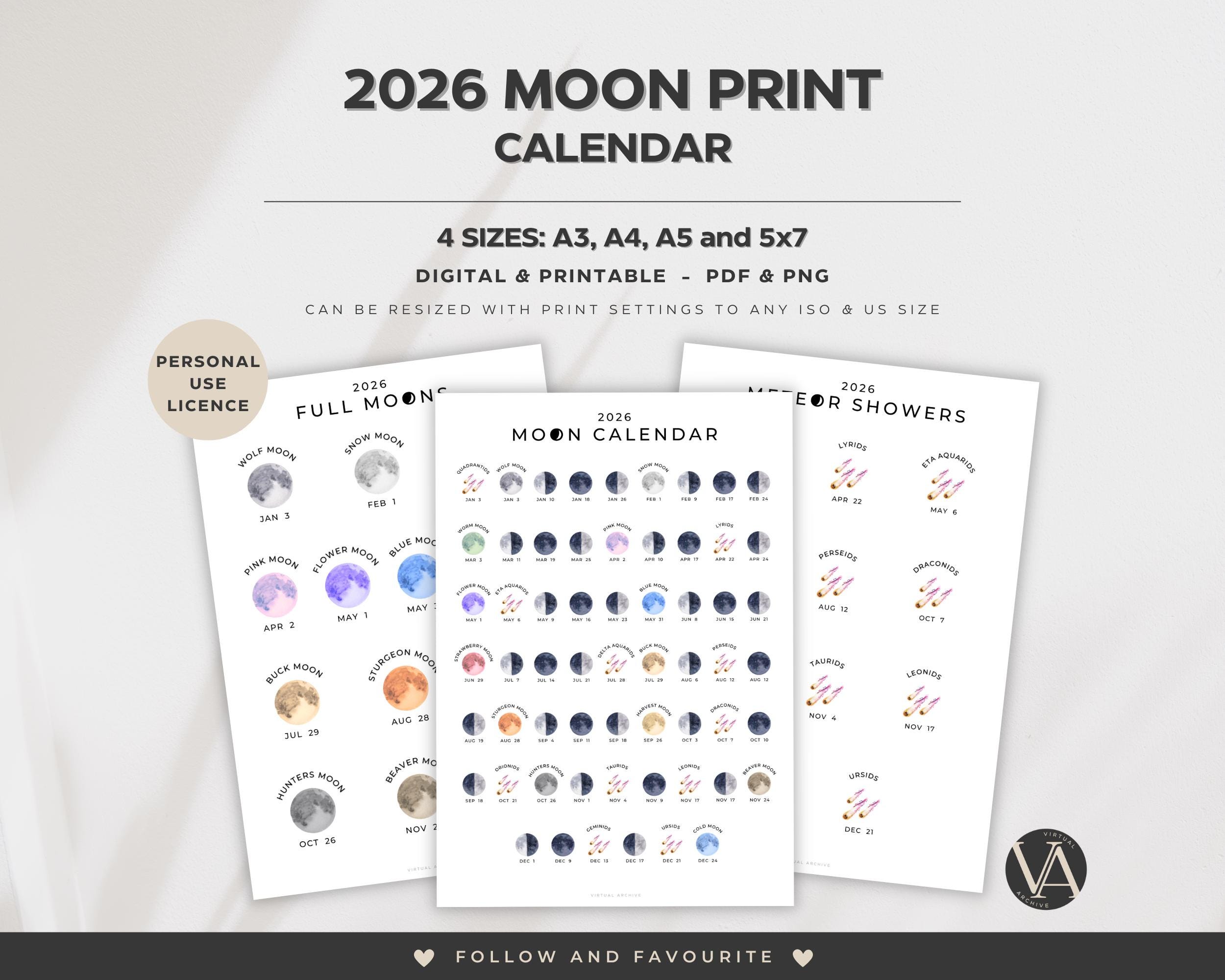 2026 Moon Calendar Print Lunar Cycle Meteor Showers Full Moons Astro