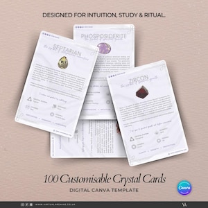 100 kristalinformatiekaarten: kaartspel met betekenissen van helende stenen, naslaggids, canvassjabloon