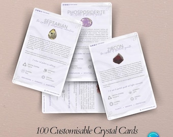 100 Tarjetas de Información sobre Cristales: Baraja con Significados de Piedras Curativas, Guía de Referencia, Plantilla de Canva
