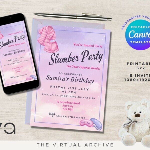 Dreamy Slumber Party/Sleepover Invitation | Pyjama Party | Girl, Tween, Teen | Birthday | Digital Invite | Printable Invite | Canva Editable