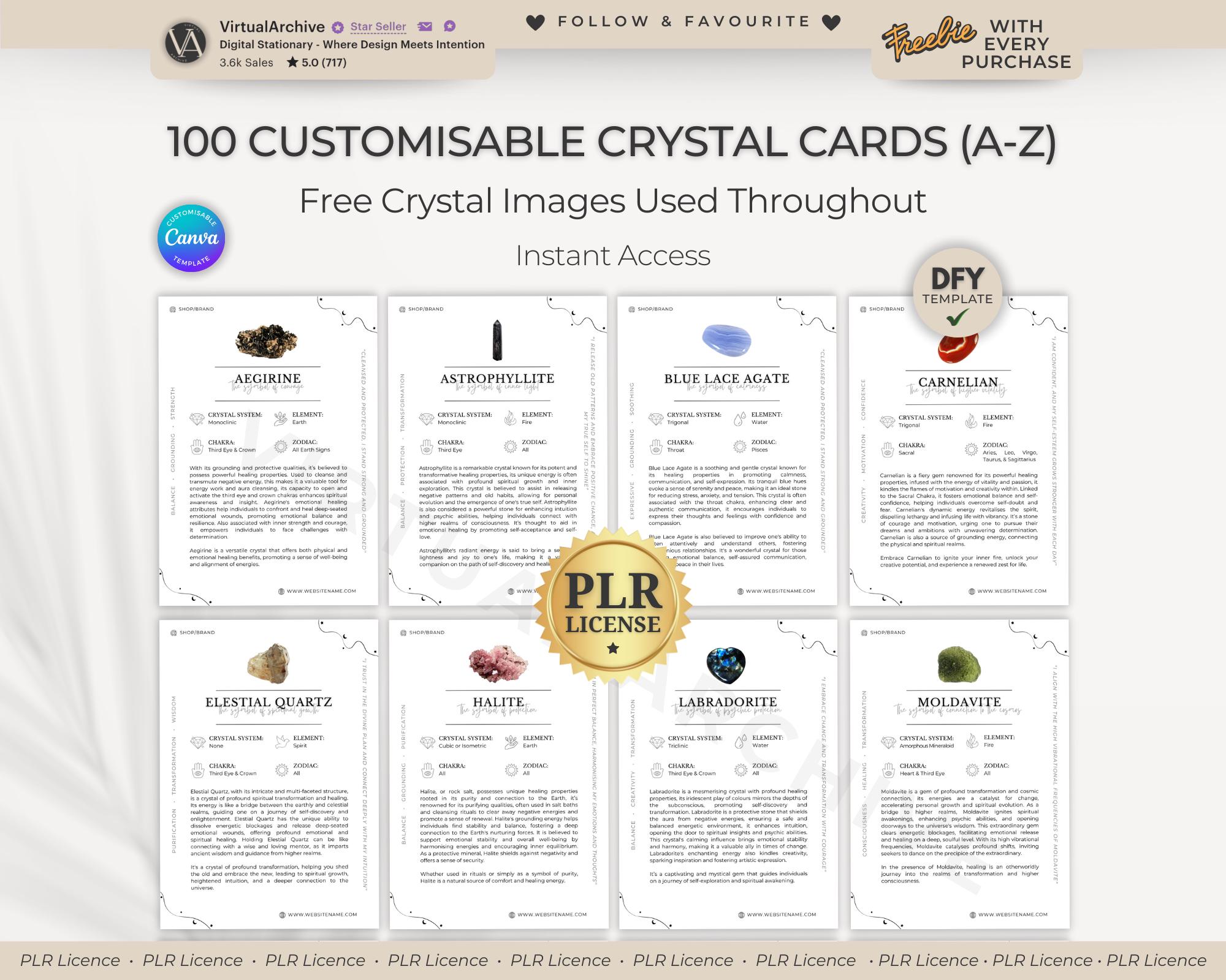 PLR: 100 Customisable Crystal Information Cards | Resell | Spirituality | Crystal Business | Templates | Metaphysical | New Age | Canva