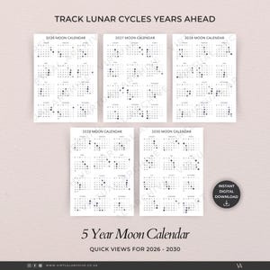 Grille du calendrier lunaire de 5 ans : vues rapides 2026-2030, suivi du cycle lunaire, journal (téléchargement numérique)