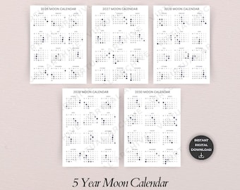 Calendario lunar de 5 años: Vistas rápidas 2026-2030, Seguimiento del ciclo lunar, Diario (Descarga digital)