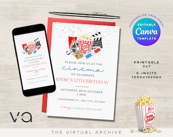 Cinema/Movie Birthday Invitation | Cinema Party | Birthday Party Invite | Celebration | Digital Invite | Printable | Canva Editable