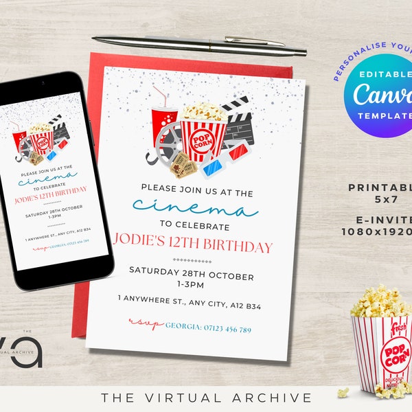 Cinema/Movie Birthday Invitation | Cinema Party | Birthday Party Invite | Celebration | Digital Invite | Printable | Canva Editable