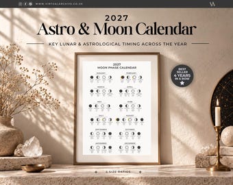 Könnte beinhalten: Ein gerahmter 2027 Astro & Moon Kalenderdruck mit einem Raster der monatlichen Mondphasen. Der Text lautet 2027 Astro & Moon Calendar, Key Lunar & Astrological Timing Across The Year und Best Seller 4 Years In A Row. Das Design ist schwarz-weiß.