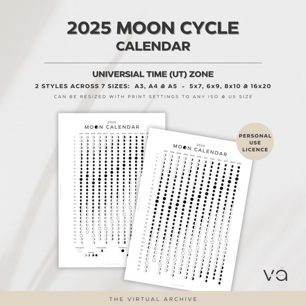 2025 Moon Phase Calendar | Universal Time | Lunar Calendar | Aspects | Transits | Ingresses | Lunar Cycle | Retrogrades | Digital Download