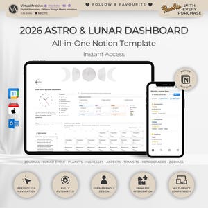 Notion: 2026 Astro & Moon Digital Planner | Calendars | Astrology | Lunar Cycle | Void of Course | Aspects | Retrogrades | Biodynamic System