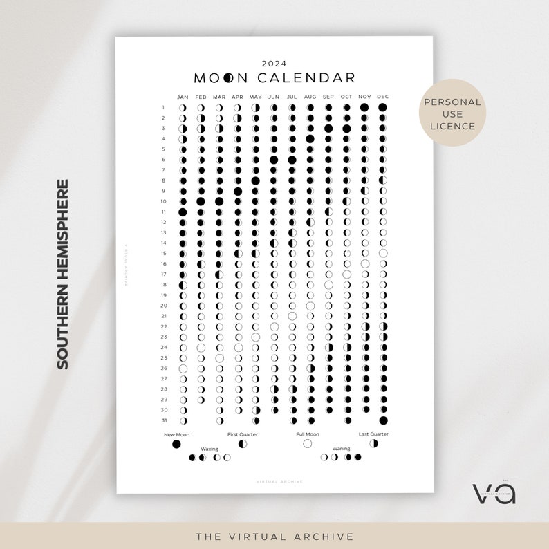 2024 Moon Calendar Southern Hemisphere Lunar Calendar Etsy