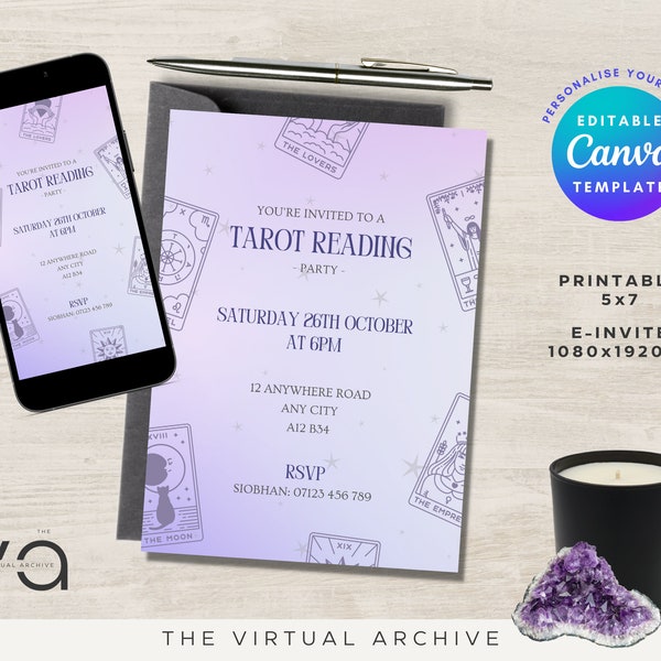 Purple Tarot Card Reading Party Invitation | Oracle | Spirituality | New Age | Wicca | Digital Invite | Printable Invite | Canva Editable