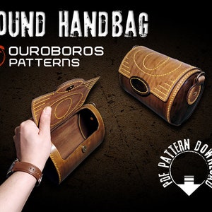 Könnte beinhalten: Eine runde Handtasche aus braunem Leder mit gelben Nähten und einem Klappverschluss. Die Tasche hat einen Riemen und ein kleines ovales Lederstück auf der Vorderseite. Der Text "OUROBOROS PATTERNS" ist auf dem Bild zu sehen.