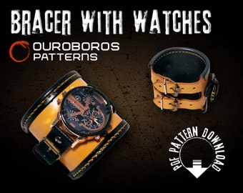 May include: A leather watch band with a black strap and a yellow band with a black stitching. The watch band is designed to hold a watch on the wrist. The text "BRACER WITH WATCHES" and "OUROBOROS PATTERNS" is visible in the image.
