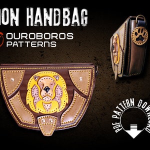 Può includere: Una borsa in pelle fatta a mano con un design a leone. La borsa presenta un volto di leone dettagliato al centro, con una combinazione di pelle marrone, beige e gialla. Il testo "LION HANDBAG" e "OUROBOROS PATTERNS" sono visualizzati in alto.