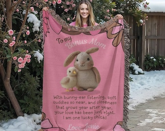 Personalized Woven Blanket: Bonus Mom Bunny & Chick Design