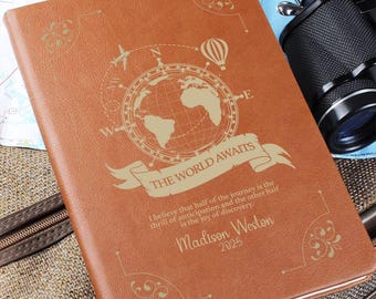 Personalized Travel Journal – Vegan Leather Notebook “The World Awaits” Custom Gift for Graduates & Travelers