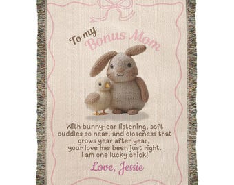 Personalized Woven Blanket: Bonus Mom Bunny & Chick Design