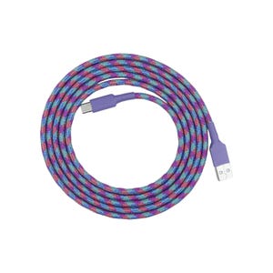 May include: A colorful USB charging cable with a patterned design in shades of purple, teal, and pink. The cable is coiled and features a USB-C connector on one end and a USB-A connector on the other, both in a matching purple color.