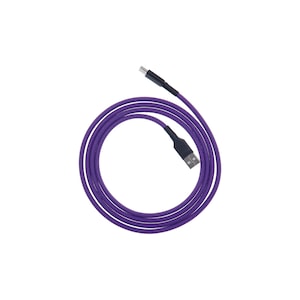 May include: A purple USB-C to USB-A charging cable. The cable is coiled and has a braided texture. The connectors are black.