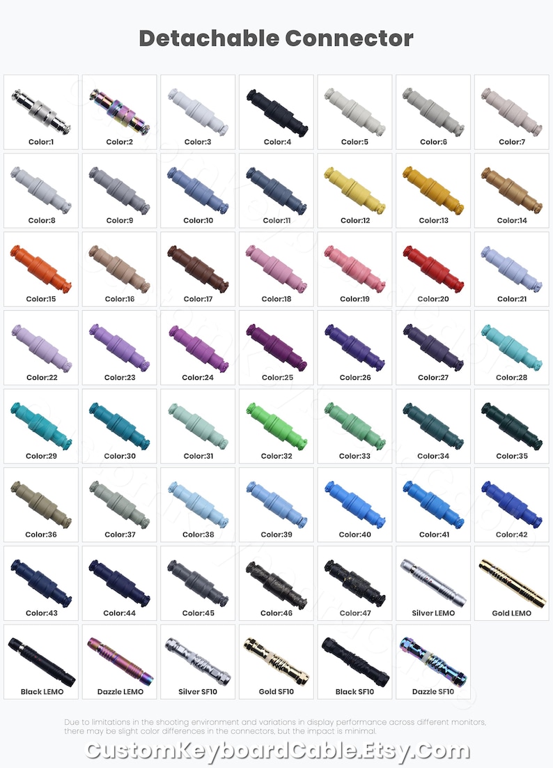 The image is a detailed color chart of various detached connector types, including black, silver, gold, and other colors, arranged in a grid format.