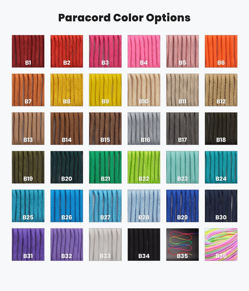 a collection of 24 different colored paracord strings, each with a unique color option. The strings are arranged in a grid format, with four rows and six columns, showcasing a variety of colors and patterns.