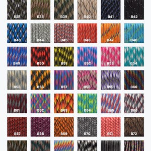 a collection of various colorful braided cords or cords with different patterns and textures, arranged in a grid format.