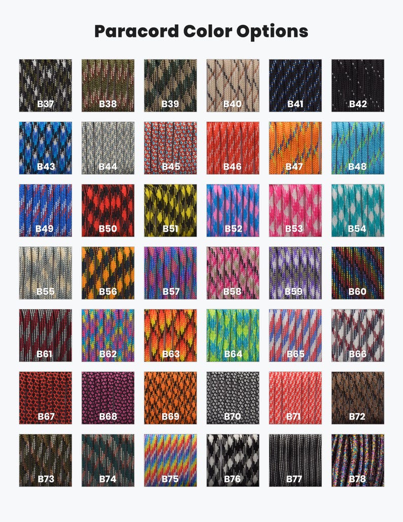 a collection of various colorful braided cords or cords with different patterns and textures, arranged in a grid format.
