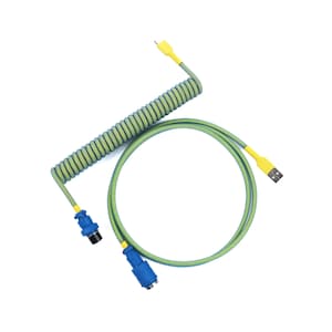 May include: A green and blue coiled cable with yellow connectors. One end has a USB connector, and the other has a circular connector. The coiled section is a lighter green. The cable is designed for data transfer.