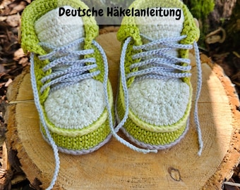 Crochet pattern for LARGE "Treterlie", crochet baby shoes, sneakers, Language: German