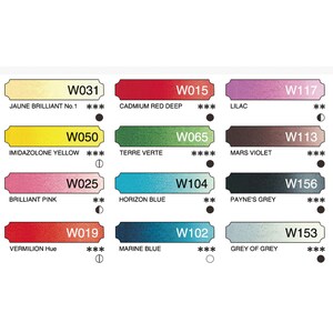 May include: A set of 12 watercolor paint tubes with color swatches and names. The colors include Jaune Brilliant No. 1, Cadmium Red Deep, Imidazolone Yellow, Terre Verte, Brilliant Pink, Horizon Blue, Vermillion Hue, Marine Blue, Lilac, Mars Violet, Payne's Grey, and Grey of Grey.